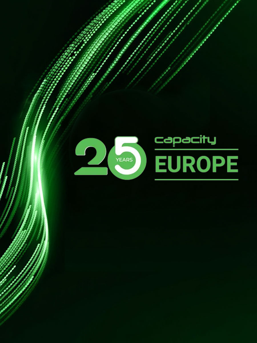 Capacity Europe 25 years logo on a dark background with green light trails